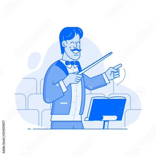 Smiling orchestra conductor character directing with baton on concert hall. Leader man in stage tuxedo with bow-tie conducting musical performance on stage. Effective management concept in line art.