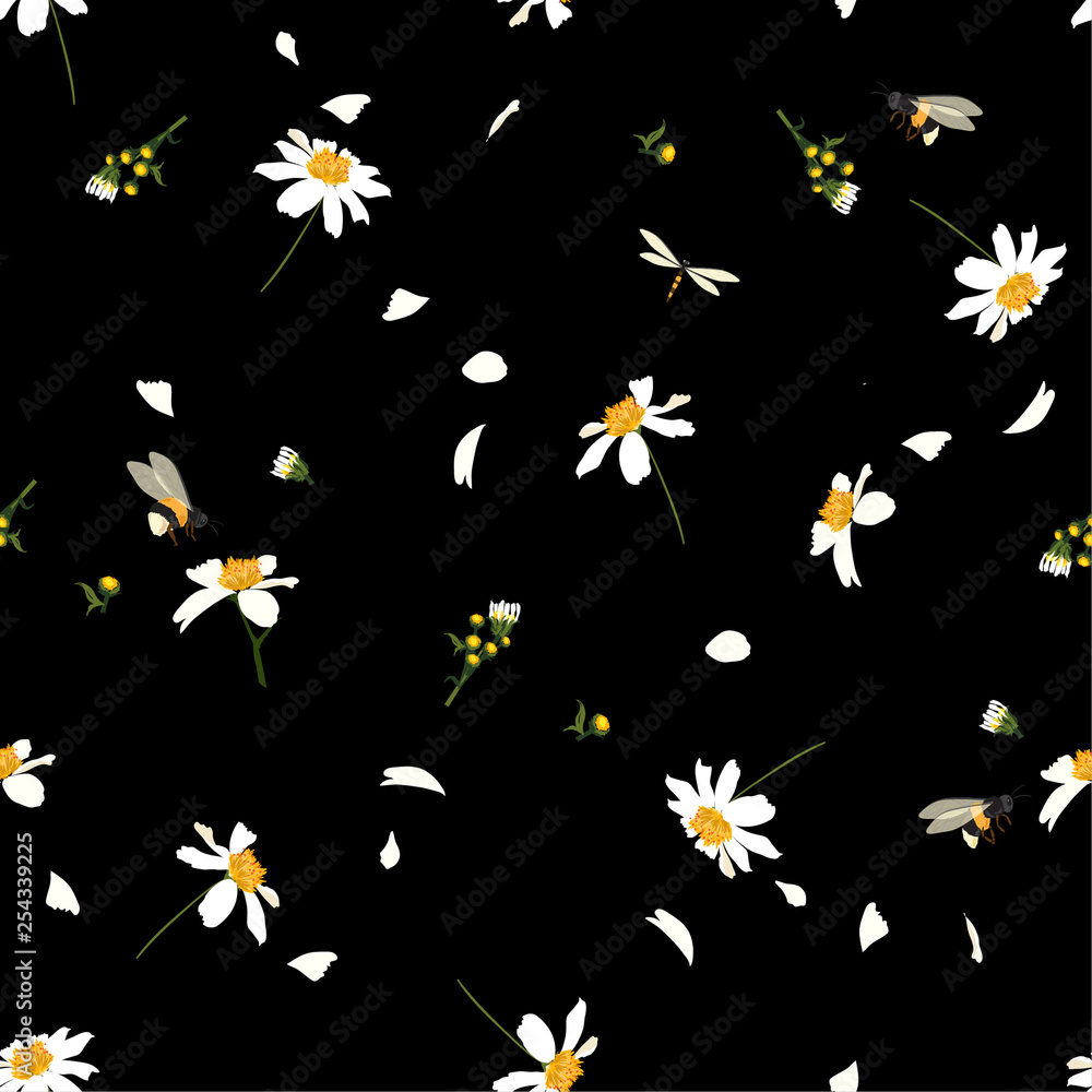 Beautiful  pretty daisy floral print  blowing in the wind design with bumble bees seamless pattern in vector for fashion ,fabric ,wallpaper