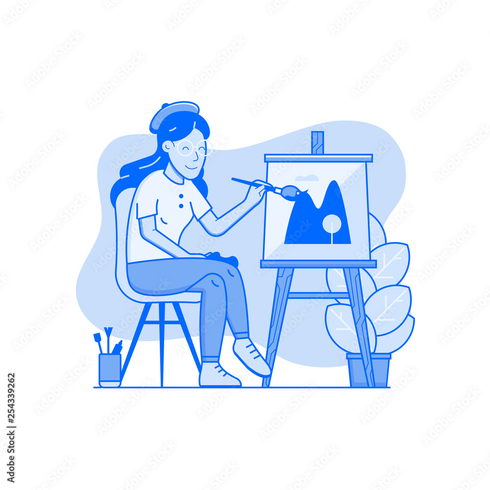 Young woman painter sitting near easel with color palette and paintbrush. Happy artist girl on chair drawing picture with landscape painting on canvas. Line art illustration with editable strokes.