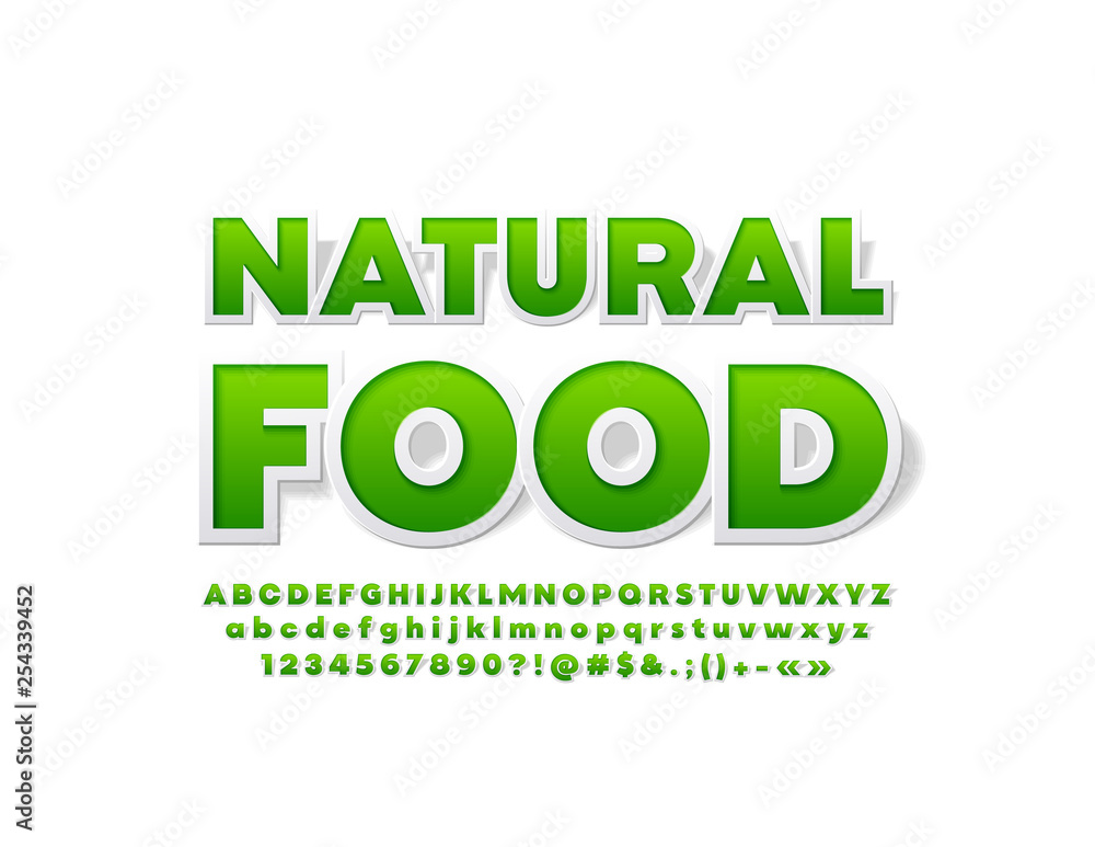 Vector bright Emblem Natural Food. Sticker Font. Green Alphabet Letters, Numbers and Symbols.