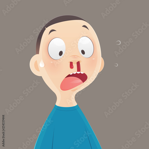 Nosebleed, Cartoon boy is bleeding from his nose, Illustration, and Vector