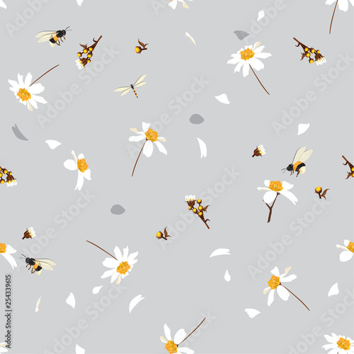 Soft and gentle  pretty daisy floral print  blowing in the wind design with bumble bees seamless pattern in vector for fashion ,fabric ,wallpaper and all prints