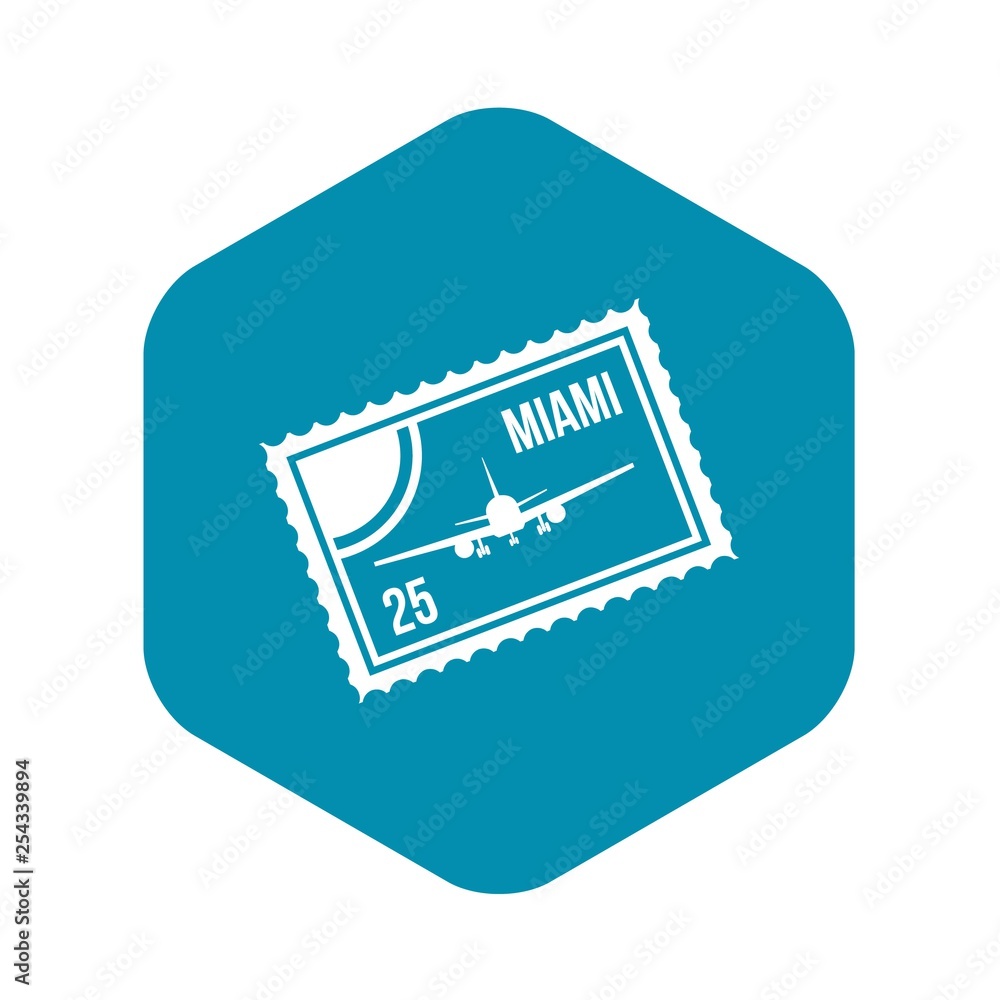 Stamp with plane and text Miami inside icon in simple style isolated on white background Stamp with plane and text Miami inside icon in simple style isolated on white background