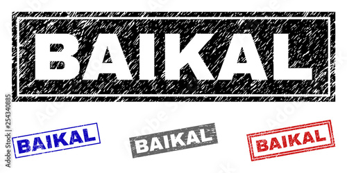 Grunge BAIKAL rectangle stamp seals isolated on a white background. Rectangular seals with grunge texture in red, blue, black and grey colors.