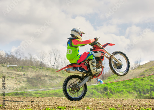 Fototapeta Naklejka Na Ścianę i Meble -  biker on motorcycle stunts while driving on the rear wheel side view