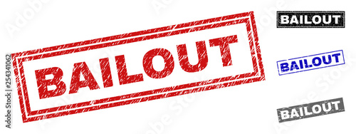 Grunge BAILOUT rectangle stamp seals isolated on a white background. Rectangular seals with grunge texture in red, blue, black and grey colors.