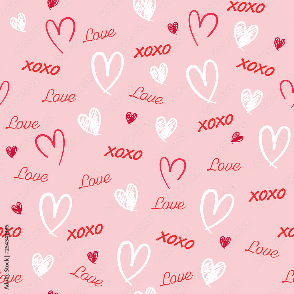 Sweet Hand drawn Seamless pattern with word love,heat, and xoxo in valentine mood vector illustration design for fashion,fabric,wallpaper,web and all prints