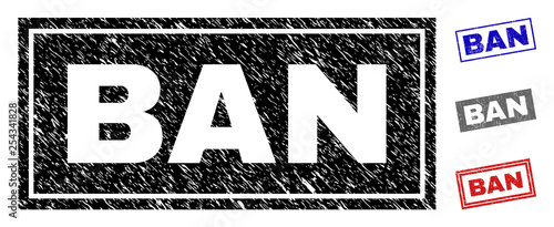 Grunge BAN rectangle stamp seals isolated on a white background. Rectangular seals with grunge texture in red, blue, black and grey colors.
