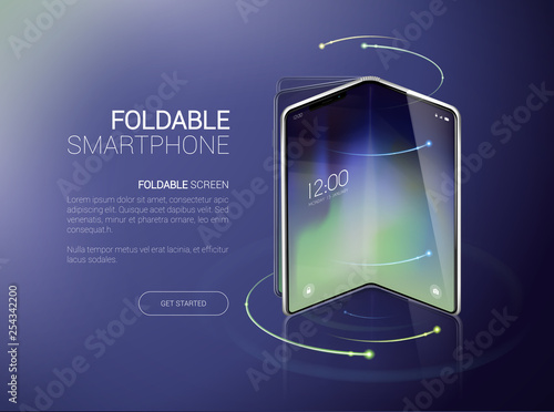 New foldable smartphone concept, prototype with advertisment background and fold, flexible screen. Mobile with background and fold flexible screen. Mockup model for add, branding.