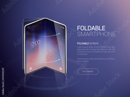 New foldable smartphone concept, prototype with advertisment background and fold, flexible screen. Mobile with background and fold flexible screen. Mockup model for add, branding.