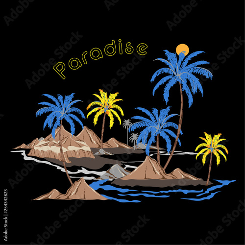 Beautiful vector of summer island relax vibes ,palm, tree, ocean,wave,mountain,beach design for Tshirt,fashion,cover,web and all graphic use
