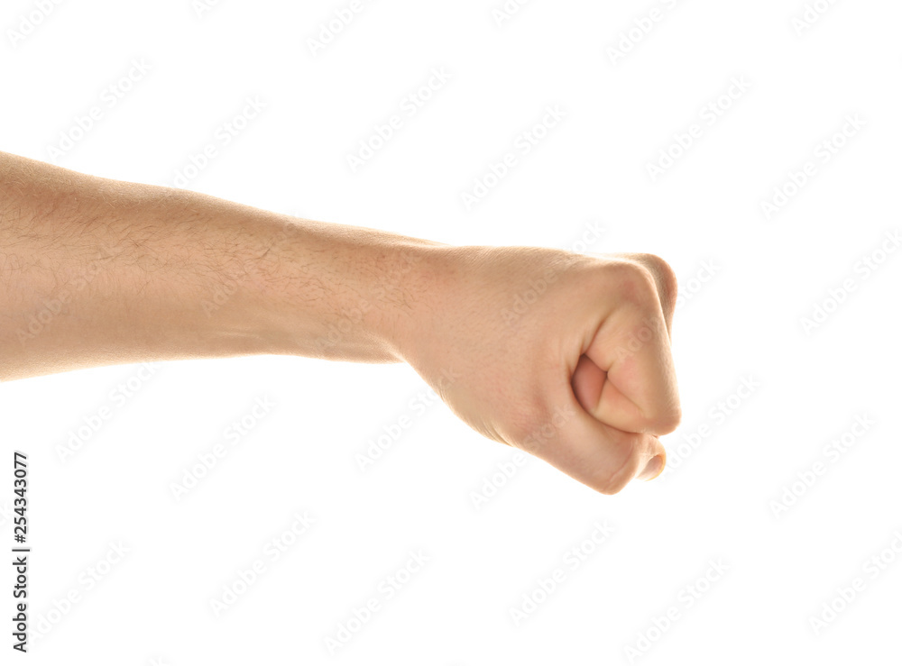 Male hand with clenched fist on white background Male hand with clenched fist on white background