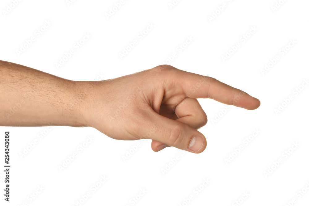 Male hand pointing at something on white background Male hand pointing at something on white background