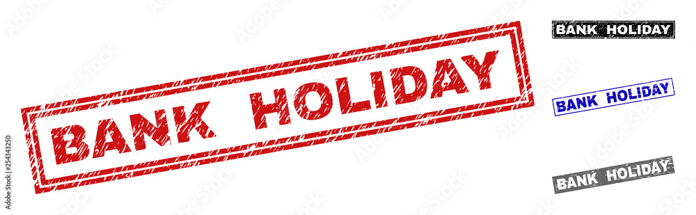 Grunge BANK HOLIDAY rectangle stamp seals isolated on a white background. Rectangular seals with grunge texture in red, blue, black and grey colors. Grunge BANK HOLIDAY rectangle stamp seals isolated on a white background. Rectangular seals with grunge texture in red, blue, black and grey colors.