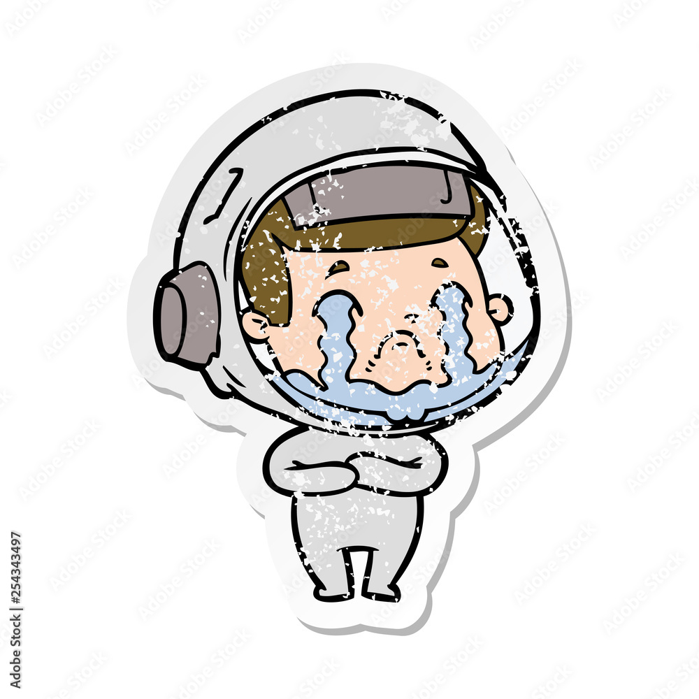distressed sticker of a cartoon crying astronaut distressed sticker of a cartoon crying astronaut