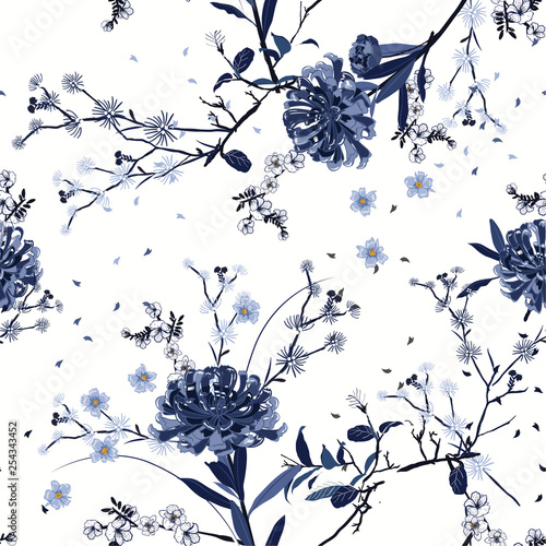 Monotone blue Seamless pattern vector Oriental summer garden flower with blooming botanical and cherry bloosom florals  design for fashion ,fabric,wallpaper, and all prints photo