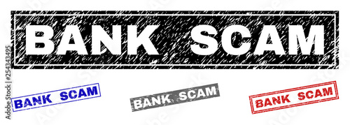Grunge BANK SCAM rectangle stamp seals isolated on a white background. Rectangular seals with grunge texture in red, blue, black and grey colors.