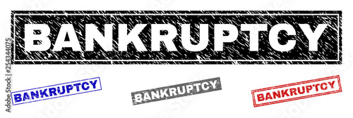 Grunge BANKRUPTCY rectangle stamp seals isolated on a white background. Rectangular seals with distress texture in red, blue, black and grey colors.