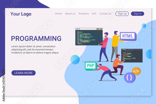 Landing page template programming web development concept. Programmers code the website.
