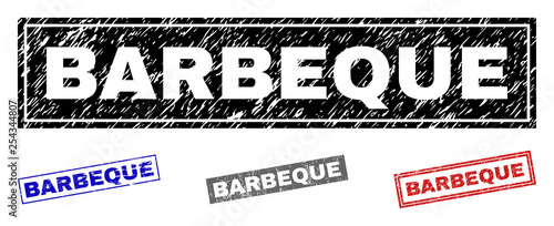 Grunge BARBEQUE rectangle stamp seals isolated on a white background. Rectangular seals with grunge texture in red, blue, black and grey colors.