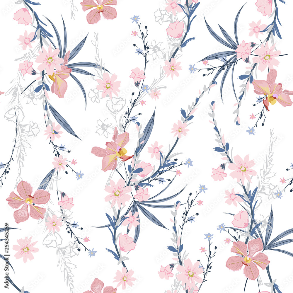 Sweet mood seamless pattern of garden many kind of botanical plants,flowers,orchid ,floral design for fashion,fabric,wallpaper,web and all prints