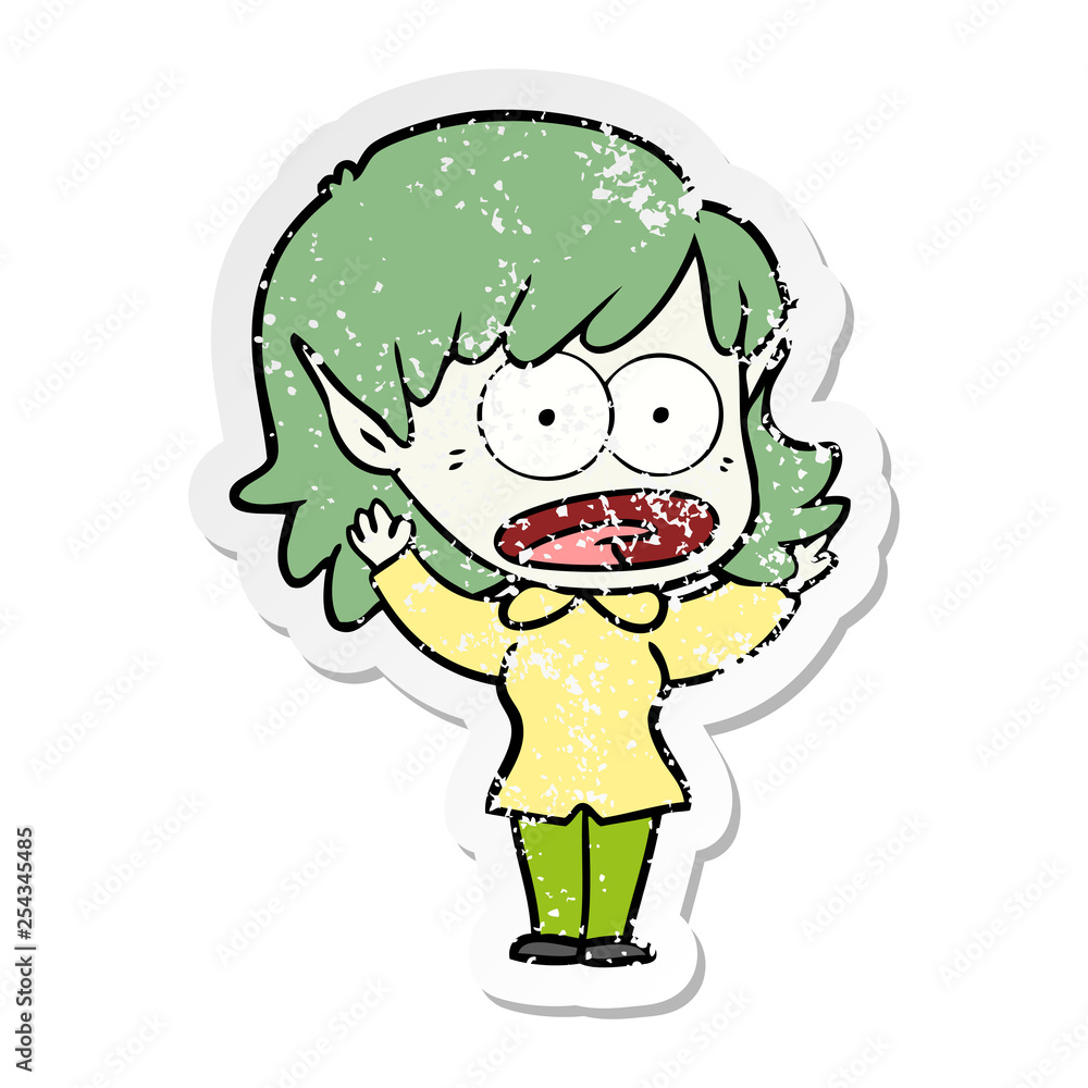 distressed sticker of a cartoon shocked elf girl distressed sticker of a cartoon shocked elf girl