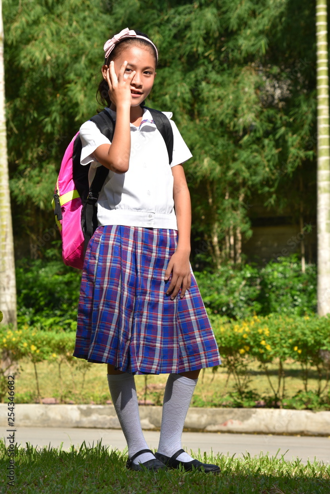 Fototapeta premium Bashful Female Student With Notebooks