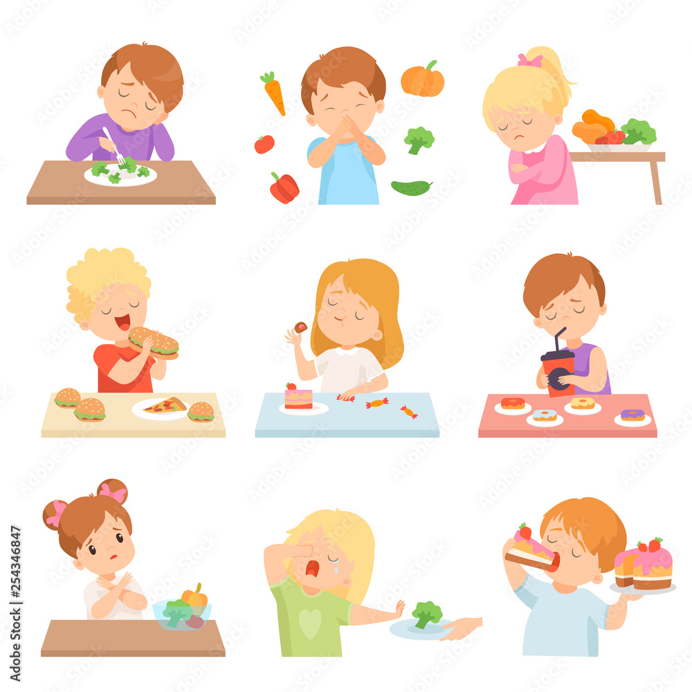Children Do Not Like Vegetables Set, Kids Enjoying Eating of Fast Food and Sweets Vector Illustration Children Do Not Like Vegetables Set, Kids Enjoying Eating of Fast Food and Sweets Vector Illustration