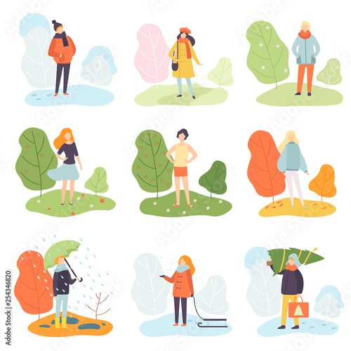 Different Seasons Set, Winter, Spring, Summer and Autumn, People in Seasonal Clothes in Nature Vector Illustration