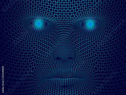 Abstract face of a man consisting of small fragments with luminous eyes on a dark background. Vector illustration