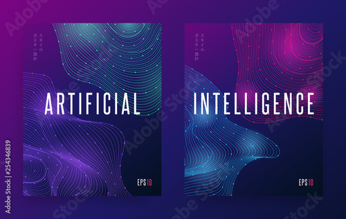 Modern abstract dots lines shape. Gradient wave forms background concept Artificial Intelligence. Small japanese text (translation: «poster design style»). Futuristic flyer EPS 10 vector illustration