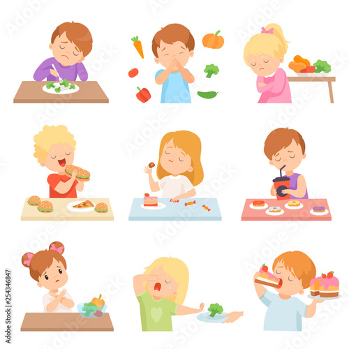 Children Do Not Like Vegetables Set, Kids Enjoying Eating of Fast Food and Sweets Vector Illustration