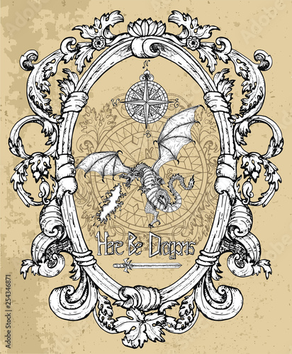 Epic dragon snorting fire with compass and sword in baroque victorian frame. Vector sketch of tattoo fantasy concept, poster and playing card design. Graphic line art engraved illustration