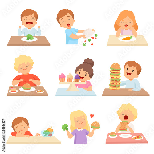 Kids Do Not Like Vegetables Set, Cute Boys and Girls Enjoying Eating of Fast Food and Sweets Vector Illustration