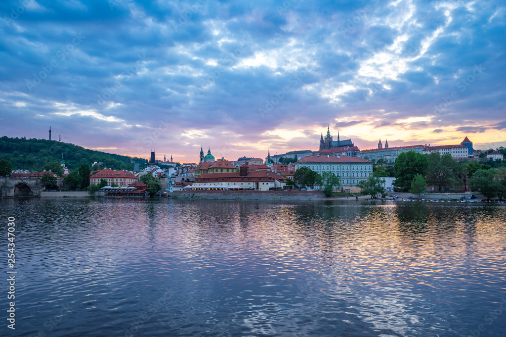Prague old town city skyline at sunset in Czech Republic