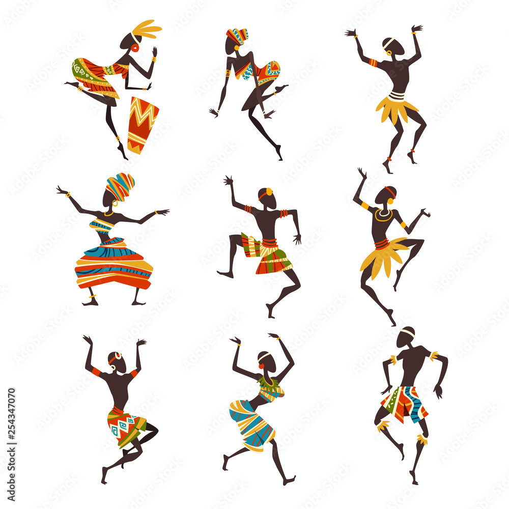African People Dancing Folk or Ritual Dance Set, Female and Male Aboriginal Dancers in Bright Ornamented Ethnic Clothing Vector Illustration African People Dancing Folk or Ritual Dance Set, Female and Male Aboriginal Dancers in Bright Ornamented Ethnic Clothing Vector Illustration