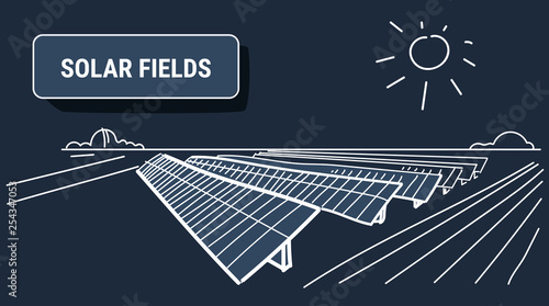 solar energy panel fields renewable station alternative electricity source concept photovoltaic district sketch doodle horizontal dark background