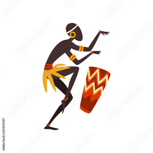 African Man Dancing and Playing Drum, Aboriginal Dancer in Bright Ornamented Ethnic Clothing Vector Illustration