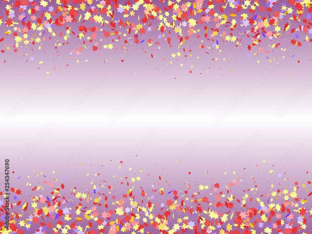 Festive background with multicolored confetti top and bottom. Multicolored stars. Vector illustration