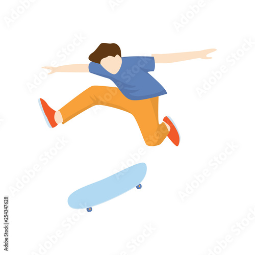 Skateboarder jumping high above skate isolated on white background.