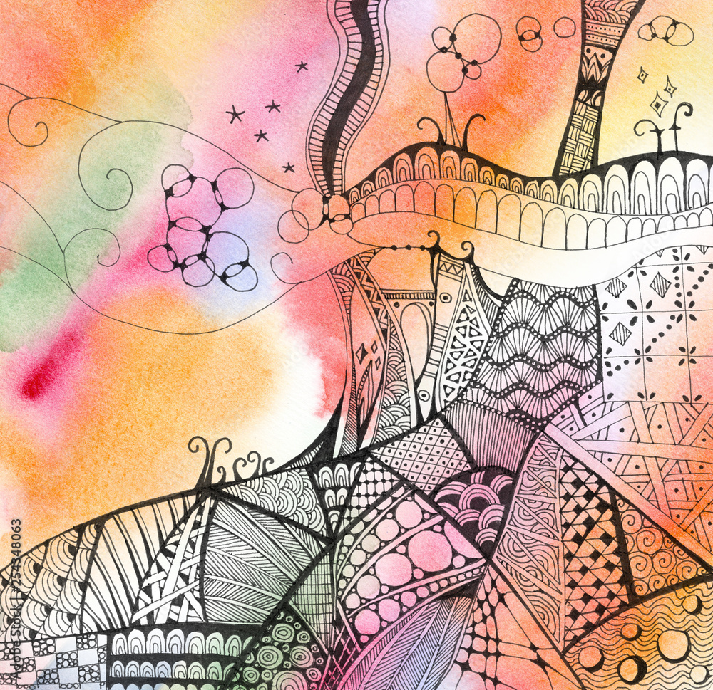 Hand drawn abstract doodles on bright watercolor background. Fantastic landscape.