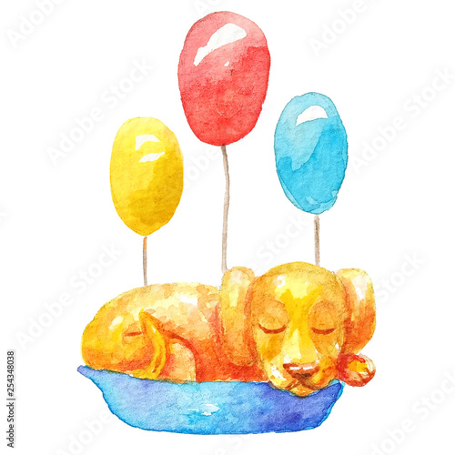 Orange puppy sleepig in blue basket with 3 multicolored balloons in watercolor style photo