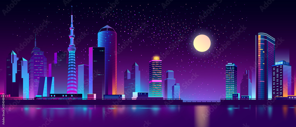 Vector modern megapolis on river at night. Purple glowing buildings on quay. Contemporary architecture - urban skyscrapers in neon colors, town exterior, architecture background. Cityscape concept.