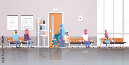 arabic patients waiting in line queue to doctor cabinet consultation and diagnosis healthcare concept medical clinic corridor interior horizontal flat