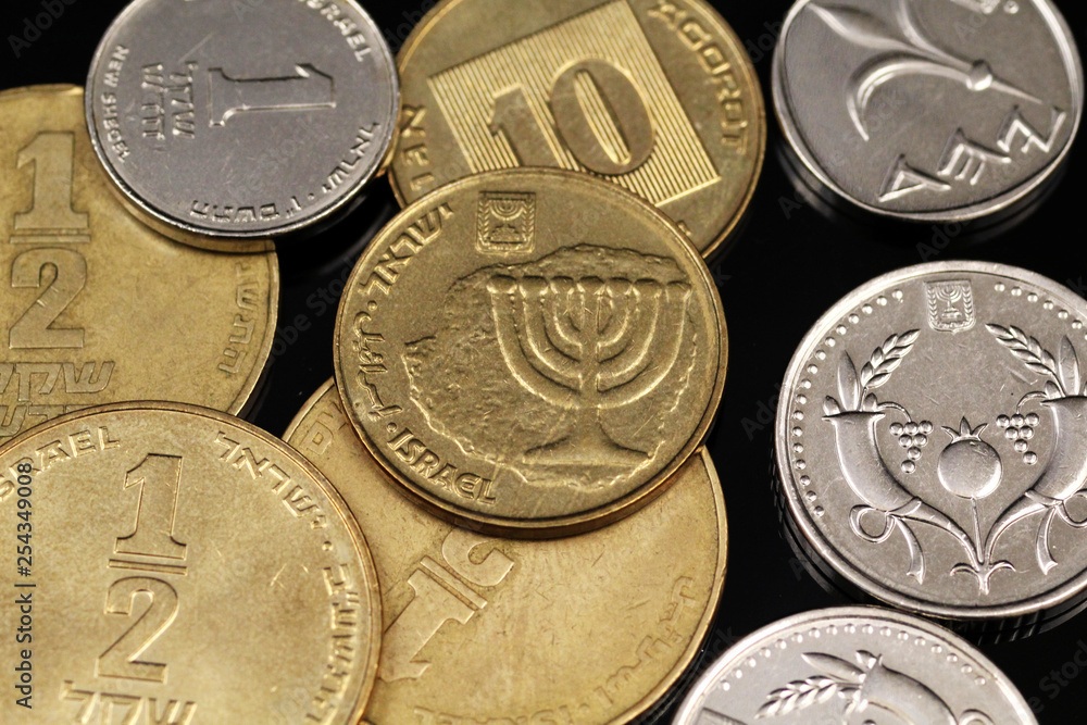 A macro image of miscellaneous coins from Israel on a reflective black background A macro image of miscellaneous coins from Israel on a reflective black background
