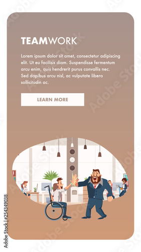 Coworker Have High Five. Happy Man in Wheelchair