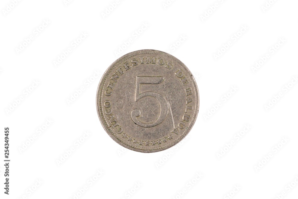 A close up image of a Panamanian five centimes coin isolated on a white background A close up image of a Panamanian five centimes coin isolated on a white background