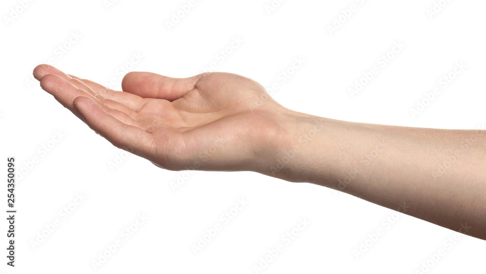 Male hand holding something on white background Male hand holding something on white background