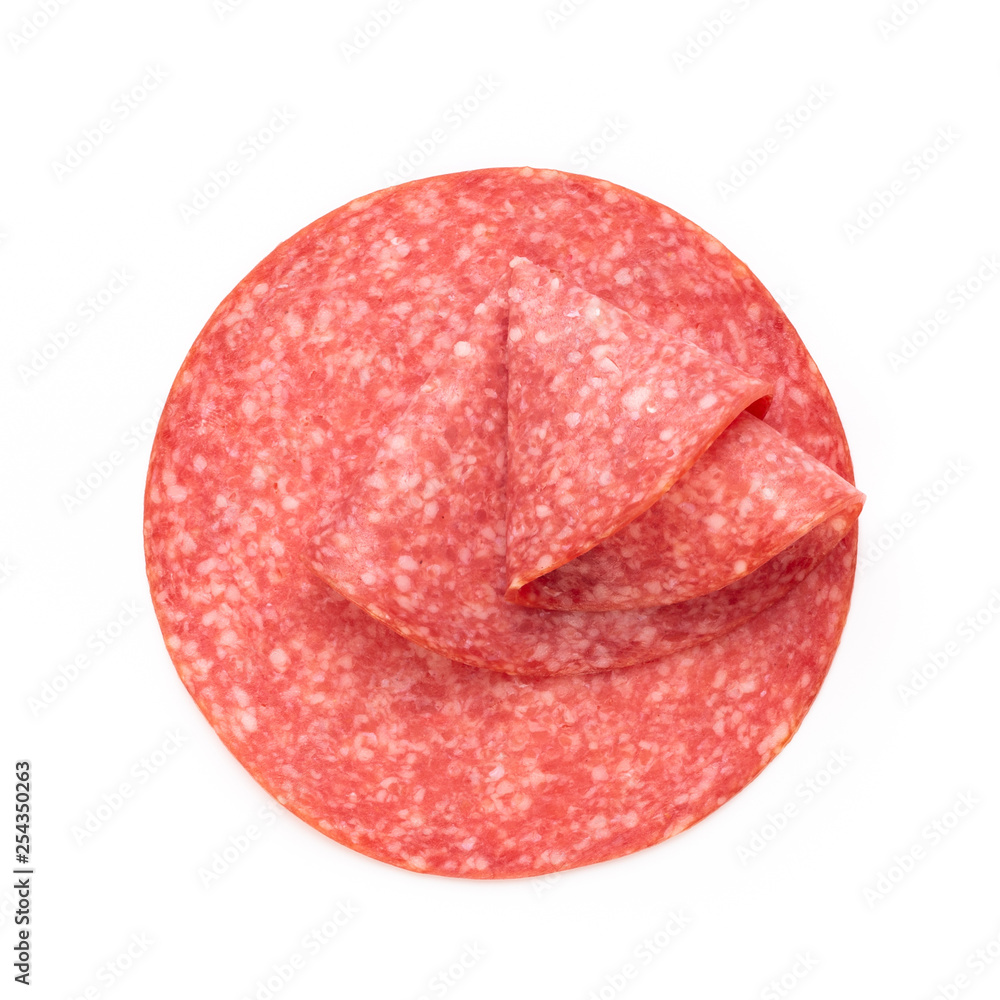 Salami slices on white background. Salami slices on white background.