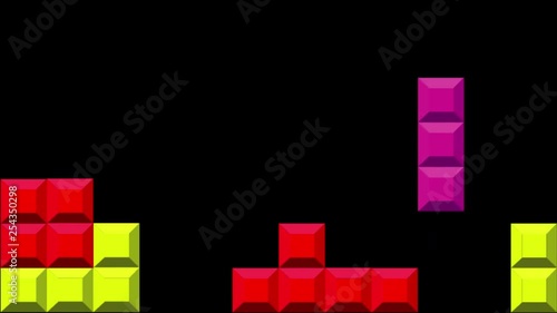 Animation cartoon flat style of colorful tetris bricks going down and fitting together. Alpha channel included